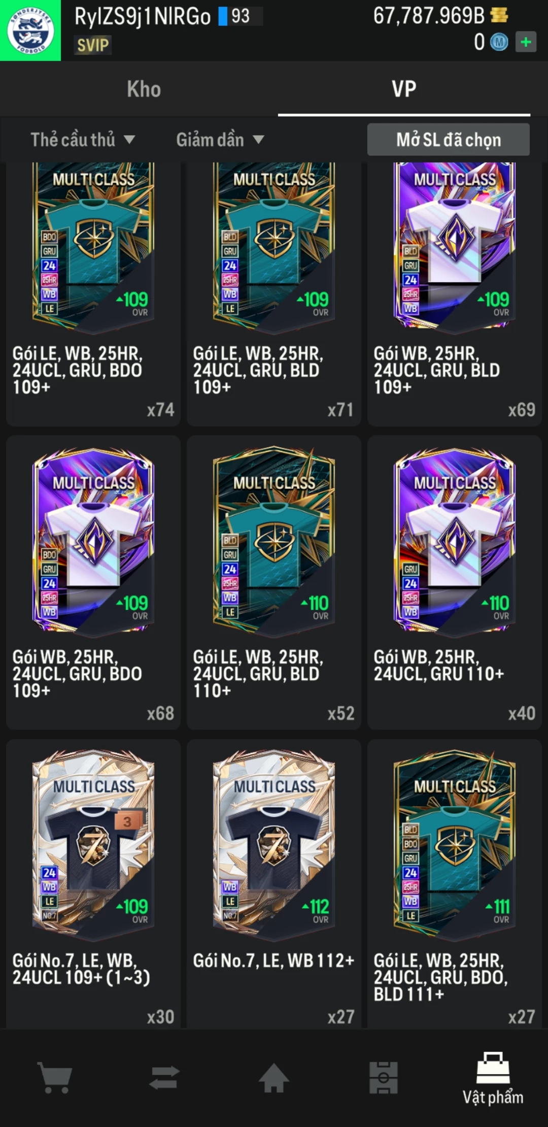 Ảnh ACC mở thẻ (LOẠI SVIP PROMAX) bao gồm 1 gói thẻ +12, thẻ PRIME và 1000+ thẻ cầu thủ từ Siêu sao đến Miền núi các loại. Có sẵn BP trắng trong acc từ 57.000 tỷ BP đến 67.000 tỷ BP, kèm theo nhiều ngày SVIP